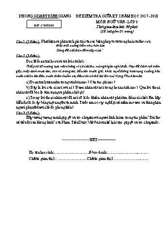Đề kiểm tra giữa kỳ I môn Ngữ văn Lớp 9 - Năm học 2017-2018 - Phòng GD&ĐT Bình Giang (Có đáp án)