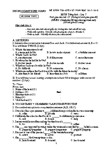 Đề kiểm tra giữa kỳ I môn Tiếng Anh Lớp 7 - Năm học 2017-2018 - Phòng GD&ĐT Bình Giang - Đề số 2 (Kèm hướng dẫn chấm)