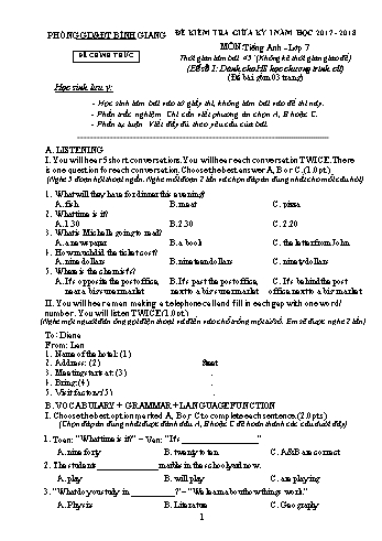 Đề kiểm tra giữa kỳ I môn Tiếng Anh Lớp 7 - Năm học 2017-2018 - Phòng GD&ĐT Bình Giang - Đề số 1 (Kèm hướng dẫn chấm)