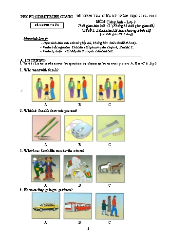 Đề kiểm tra giữa kỳ I môn Tiếng Anh Lớp 9 (Chương trình cũ) - Năm học 2017-2018 - Phòng GD&ĐT Bình Giang