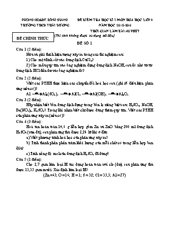 Đề kiểm tra học kì I môn Hóa học Lớp 9 - Năm học 2015-2016 - Trường THCS Thái Dương (Có đáp án)