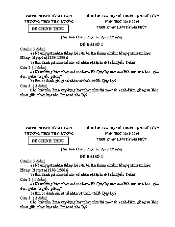 Đề kiểm tra học kì I môn Lịch sử Lớp 7 - Năm học 2015-2016 - Trường THCS Thái Dương (Có đáp án)