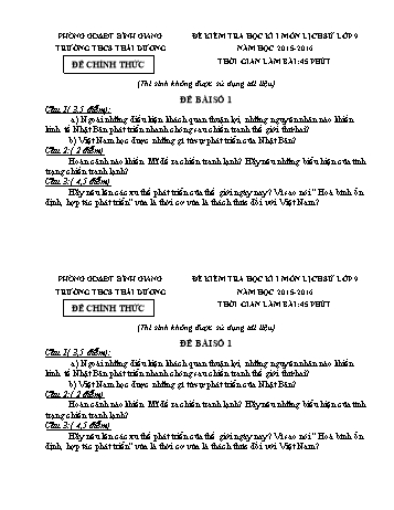 Đề kiểm tra học kì I môn Lịch sử Lớp 9 - Năm học 2015-2016 - Trường THCS Thái Dương (Có đáp án)