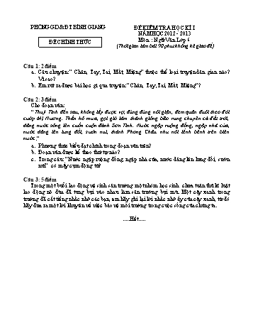 Đề kiểm tra học kì I môn Ngữ văn Lớp 6 - Năm học 2012-2013 - Phòng GD&ĐT Bình Giang (Có đáp án)