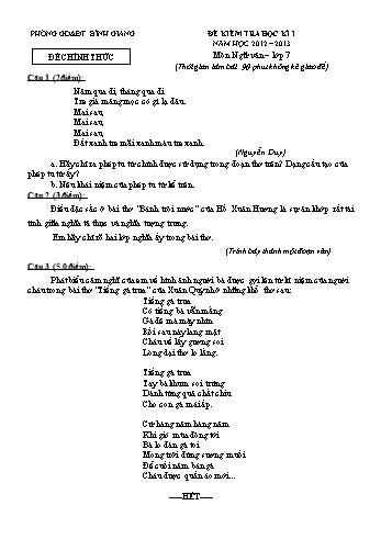 Đề kiểm tra học kì I môn Ngữ văn Lớp 7 - Năm học 2012-2013 - Phòng GD&ĐT Bình Giang (Có đáp án)
