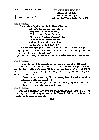 Đề kiểm tra học kì I môn Ngữ văn Lớp 9 - Năm học 2012-2013 - Phòng GD&ĐT Bình Giang (Có đáp án)