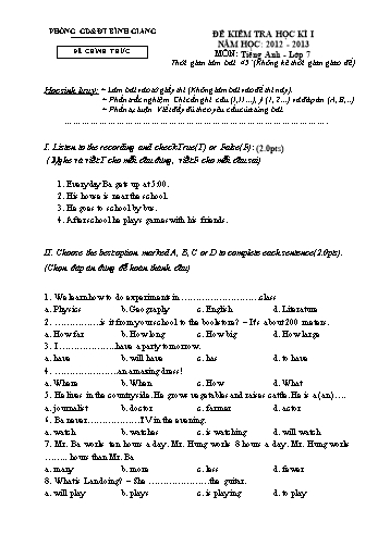 Đề kiểm tra học kì I môn Tiếng Anh Lớp 7 - Năm học 2012-2013 - Phòng GD&ĐT Bình Giang (Có đáp án)