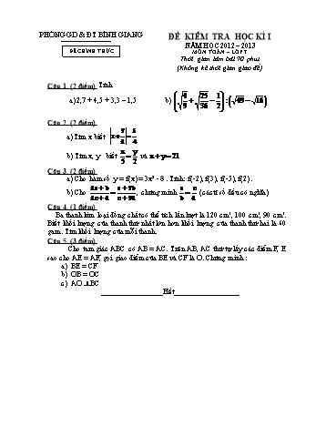 Đề kiểm tra học kì I môn Toán Lớp 7 - Năm học 2012-2013 - Phòng GD&ĐT Bình Giang (Có đáp án)