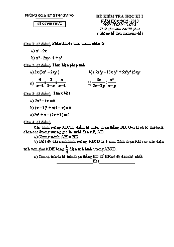 Đề kiểm tra học kì I môn Toán Lớp 8 - Năm học 2012-2013 - Phòng GD&ĐT Bình Giang (Có đáp án)