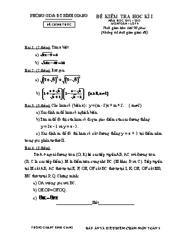Đề kiểm tra học kì I môn Toán Lớp 9 - Năm học 2012-2013 - Phòng GD&ĐT Bình Giang (Có đáp án)