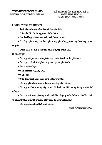 Đề kiểm tra học kì II môn Hóa học Lớp 8 - Năm học 2014-2015 - Phòng GD&ĐT Bình Giang