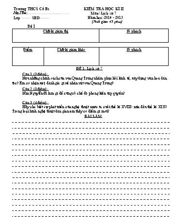 Đề kiểm tra học kì II môn Lịch sử Lớp 7 - Năm học 2014-2015 - Trường THCS Cổ Bì (Có đáp án)