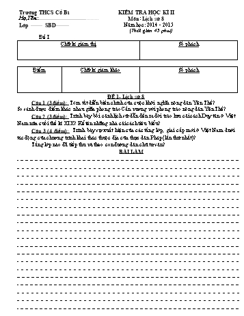 Đề kiểm tra học kì II môn Lịch sử Lớp 8 - Năm học 2014-2015 - Trường THCS Cổ Bì (Có đáp án)