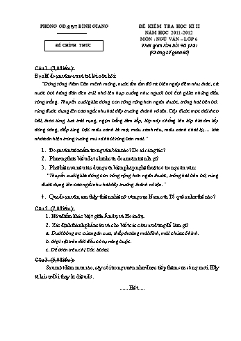 Đề kiểm tra học kì II môn Ngữ văn Lớp 6 - Năm học 2011-2012 - Phòng GD&ĐT Bình Giang (Có đáp án)