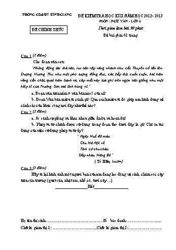 Đề kiểm tra học kì II môn Ngữ văn Lớp 6 - Năm học 2012-2013 - Phòng GD&ĐT Bình Giang (Có đáp án)