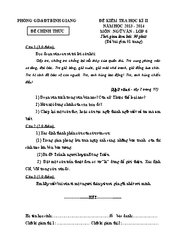 Đề kiểm tra học kì II môn Ngữ văn Lớp 6 - Năm học 2013-2014 - Phòng GD&ĐT Bình Giang (Kèm hướng dẫn chấm)