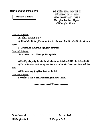 Đề kiểm tra học kì II môn Ngữ văn Lớp 6 - Năm học 2014-2015 - Phòng GD&ĐT Bình Giang (Kèm hướng dẫn chấm)