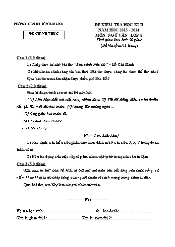 Đề kiểm tra học kì II môn Ngữ văn Lớp 8 - Năm học 2013-2014 - Phòng GD&ĐT Bình Giang (Kèm hướng dẫn chấm)