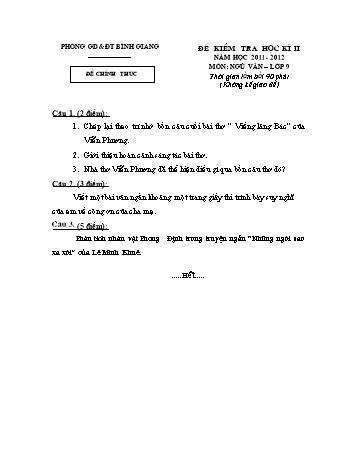Đề kiểm tra học kì II môn Ngữ văn Lớp 9 - Năm học 2011-2012 - Phòng GD&ĐT Bình Giang (Có đáp án)