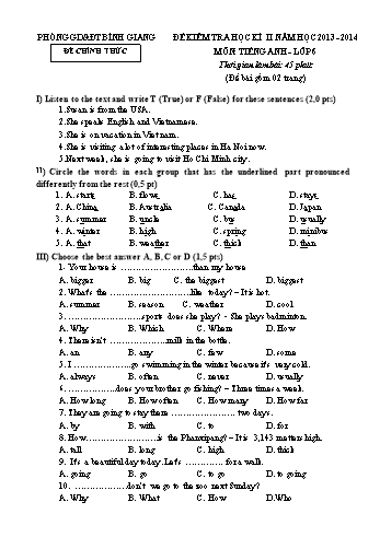 Đề kiểm tra học kì II môn Tiếng Anh Lớp 6 - Năm học 2013-2014 - Phòng GD&ĐT Bình Giang (Kèm hướng dẫn chấm)