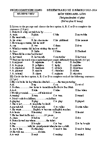 Đề kiểm tra học kì II môn Tiếng Anh Lớp 8 - Năm học 2013-2014 - Phòng GD&ĐT Bình Giang (Kèm hướng dẫn chấm)