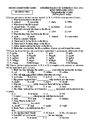 Đề kiểm tra học kì II môn Tiếng Anh Lớp 9 - Năm học 2013-2014 - Phòng GD&ĐT Bình Giang (Kèm hướng dẫn chấm)