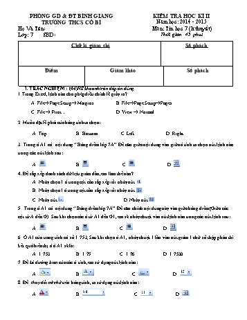 Đề kiểm tra học kì II môn Tin học Lớp 7 - Năm học 2014-2015 - Trường THCS Cổ Bì (Có đáp án)