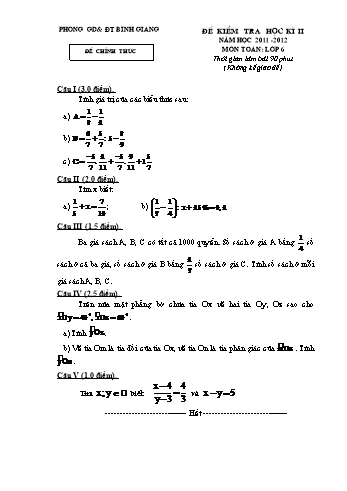 Đề kiểm tra học kì II môn Toán Lớp 6 - Năm học 2011-2012 - Phòng GD&ĐT Bình Giang (Có đáp án)