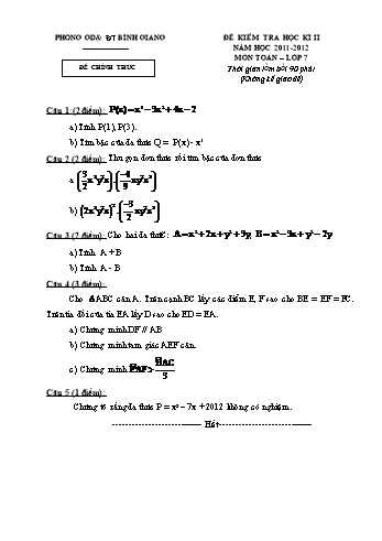 Đề kiểm tra học kì II môn Toán Lớp 7 - Năm học 2011-2012 - Phòng GD&ĐT Bình Giang (Có đáp án)