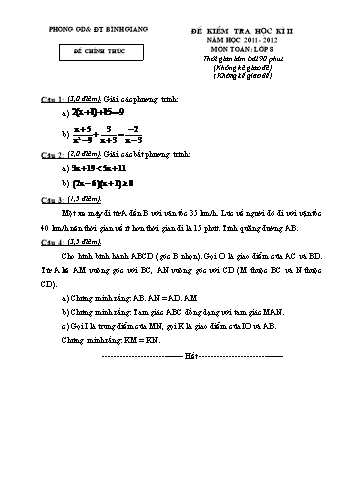 Đề kiểm tra học kì II môn Toán Lớp 8 - Năm học 2011-2012 - Phòng GD&ĐT Bình Giang (Có đáp án)