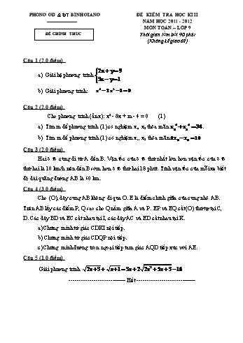 Đề kiểm tra học kì II môn Toán Lớp 9 - Năm học 2011-2012 - Phòng GD&ĐT Bình Giang (Có đáp án)