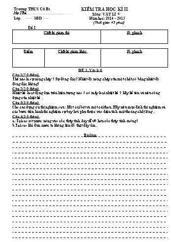 Đề kiểm tra học kì II môn Vật lí Lớp 6 - Năm học 2014-2015 - Trường THCS Cổ Bì (Có đáp án)