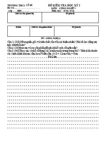 Đề kiểm tra học kỳ I môn Công nghệ Lớp 6 - Năm học 2014- 2015 - Trường THCS Cổ Bì (Có đáp án)