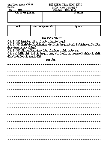 Đề kiểm tra học kỳ I môn Công nghệ Lớp 9 - Năm học 2014- 2015 - Trường THCS Cổ Bì (Có đáp án)