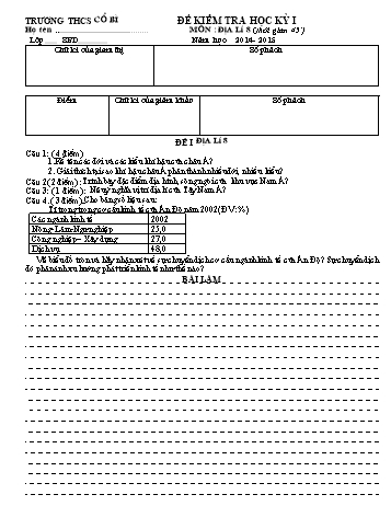 Đề kiểm tra học kỳ I môn Địa lí Lớp 8 - Năm học 2014- 2015 - Trường THCS Cổ Bì (Có đáp án)