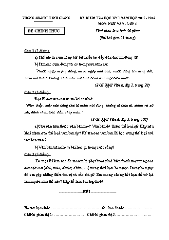 Đề kiểm tra học kỳ I môn Ngữ văn Lớp 6 - Năm học 2015-2016 - Phòng GD&ĐT Bình Giang (Có đáp án)