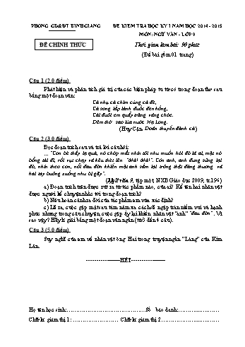 Đề kiểm tra học kỳ I môn Ngữ văn Lớp 9 - Năm học 2014-2015 - Phòng GD&ĐT Bình Giang (Có đáp án)