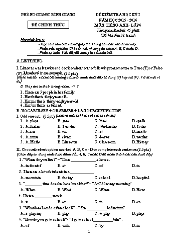 Đề kiểm tra học kỳ I môn Tiếng Anh Lớp 6 - Năm học 2015-2016 - Phòng GD&ĐT Bình Giang