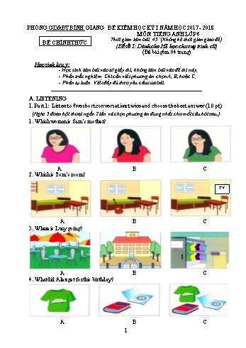 Đề kiểm tra học kỳ I môn Tiếng Anh Lớp 6 - Năm học 2017-2018 - Phòng GD&ĐT Bình Giang (Kèm hướng dẫn chấm)