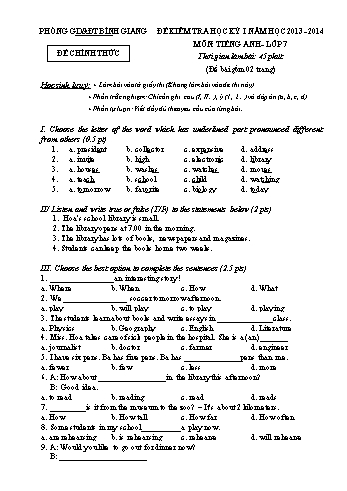 Đề kiểm tra học kỳ I môn Tiếng Anh Lớp 7 - Năm học 2013-2014 - Phòng GD&ĐT Bình Giang (Có đáp án)