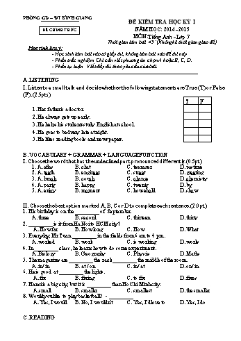 Đề kiểm tra học kỳ I môn Tiếng Anh Lớp 7 - Năm học 2014-2015 - Phòng GD&ĐT Bình Giang (Có đáp án)