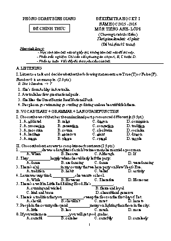 Đề kiểm tra học kỳ I môn Tiếng Anh Lớp 8 (Chương trình thí điểm) - Năm học 2015-2016 - Phòng GD&ĐT Bình Giang