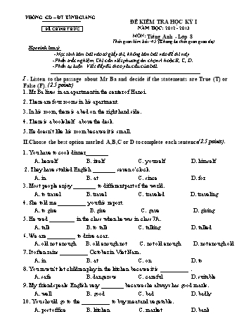 Đề kiểm tra học kỳ I môn Tiếng Anh Lớp 8 - Năm học 2012-2013 - Phòng GD&ĐT Bình Giang (Có đáp án)