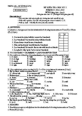 Đề kiểm tra học kỳ I môn Tiếng Anh Lớp 8 - Năm học 2014-2015 - Phòng GD&ĐT Bình Giang (Có đáp án)