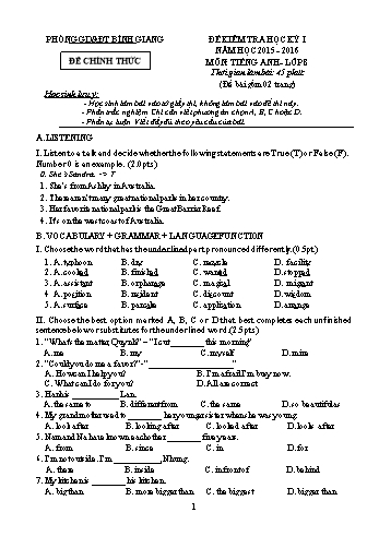 Đề kiểm tra học kỳ I môn Tiếng Anh Lớp 8 - Năm học 2015-2016 - Phòng GD&ĐT Bình Giang