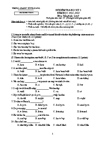 Đề kiểm tra học kỳ I môn Tiếng Anh Lớp 9 - Năm học 2012-2013 - Phòng GD&ĐT Bình Giang (Có đáp án)