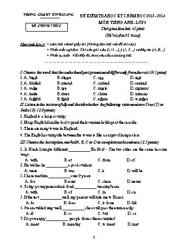Đề kiểm tra học kỳ I môn Tiếng Anh Lớp 9 - Năm học 2013-2014 - Phòng GD&ĐT Bình Giang (Có đáp án)