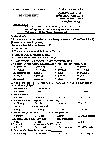 Đề kiểm tra học kỳ I môn Tiếng Anh Lớp 9 - Năm học 2015-2016 - Phòng GD&ĐT Bình Giang