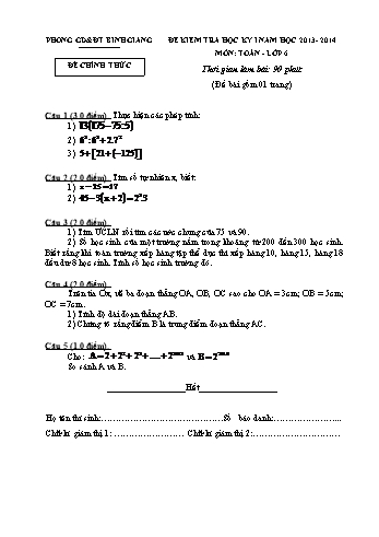 Đề kiểm tra học kỳ I môn Toán Lớp 6 - Năm học 2013-2014 - Phòng GD&ĐT Bình Giang (Có đáp án)