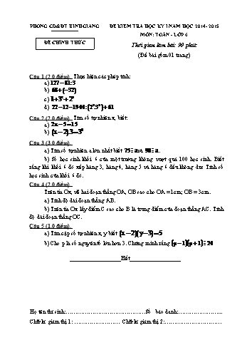 Đề kiểm tra học kỳ I môn Toán Lớp 6 - Năm học 2014-2015 - Phòng GD&ĐT Bình Giang (Có đáp án)